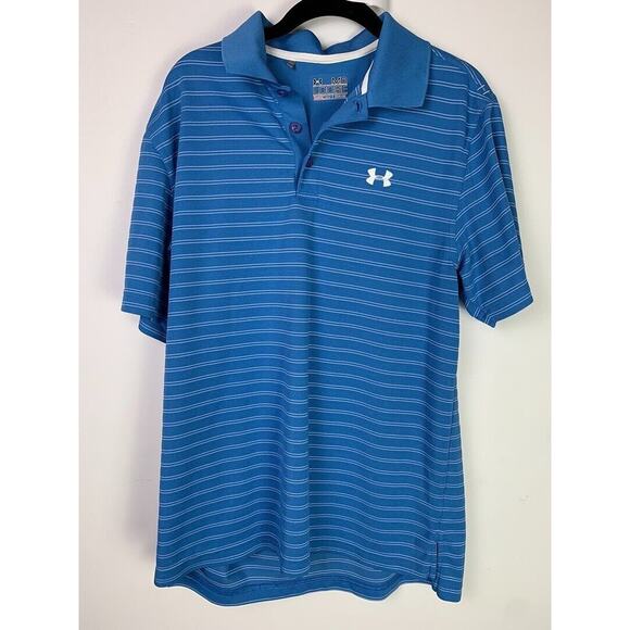 Under Armour Mens Blue Striped Polo Shirt Loose Fit HeatGear MD - Picture 1 of 6